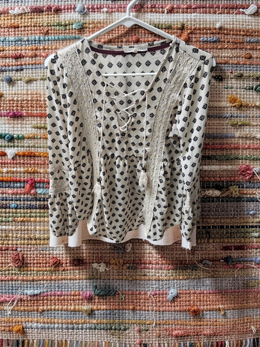 hint of mint Ivory Boho Tunic with Black Geometric Print & Lace-Up Front